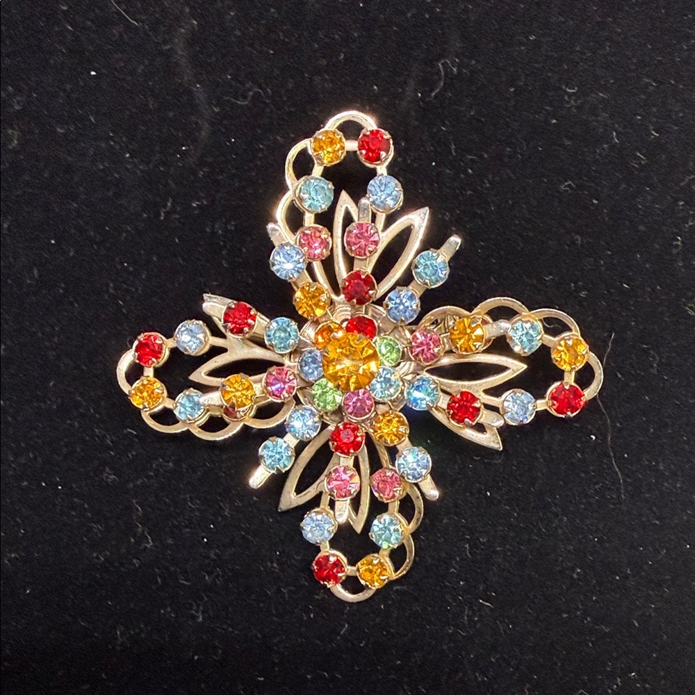 Austrian Brooch Starburst Rhinestones Multi Color Vintage.